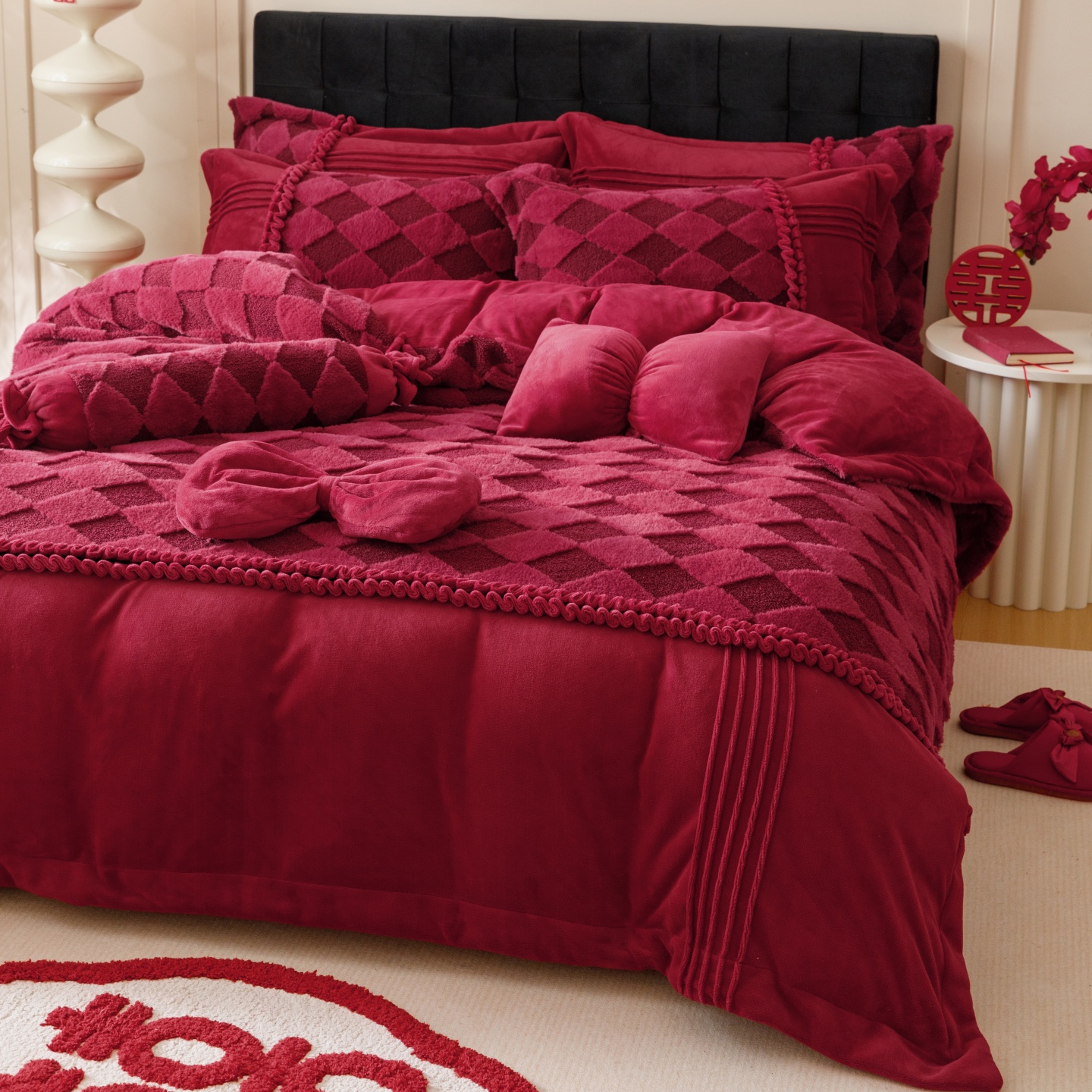 红花车法式牛奶绒四件套喜庆牛奶绒羊羔绒结婚乔迁被套床单床品