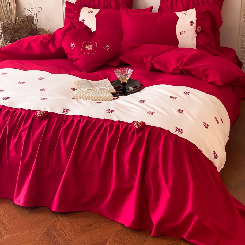 全棉刺绣婚庆四件套新房铺床红色喜庆被套床单亲肤床品