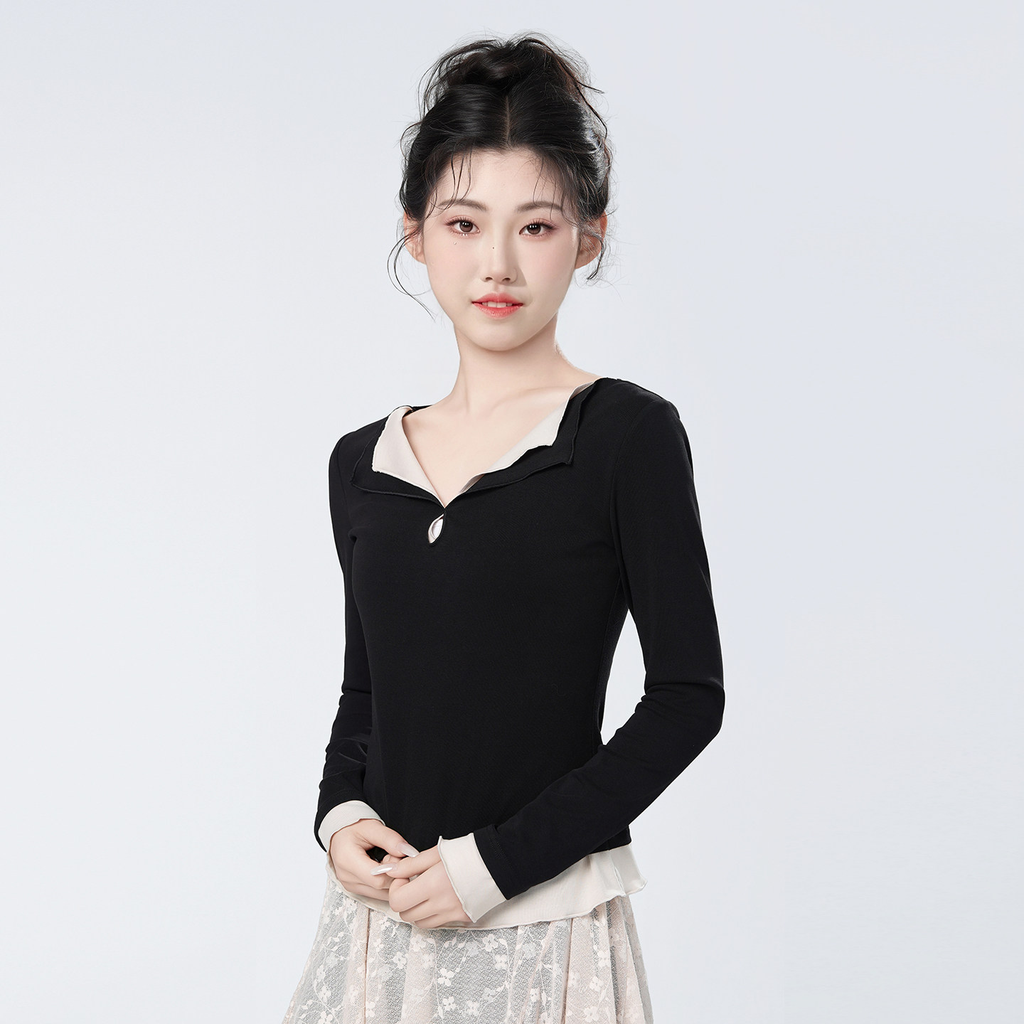 女黑色假两件长袖现代舞练功套装