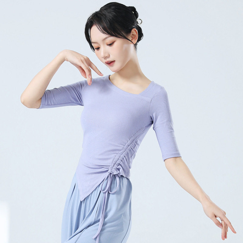 现代舞练功服女新款舞蹈服修身中袖抽绳古典舞成人瑜伽健身上衣图片
