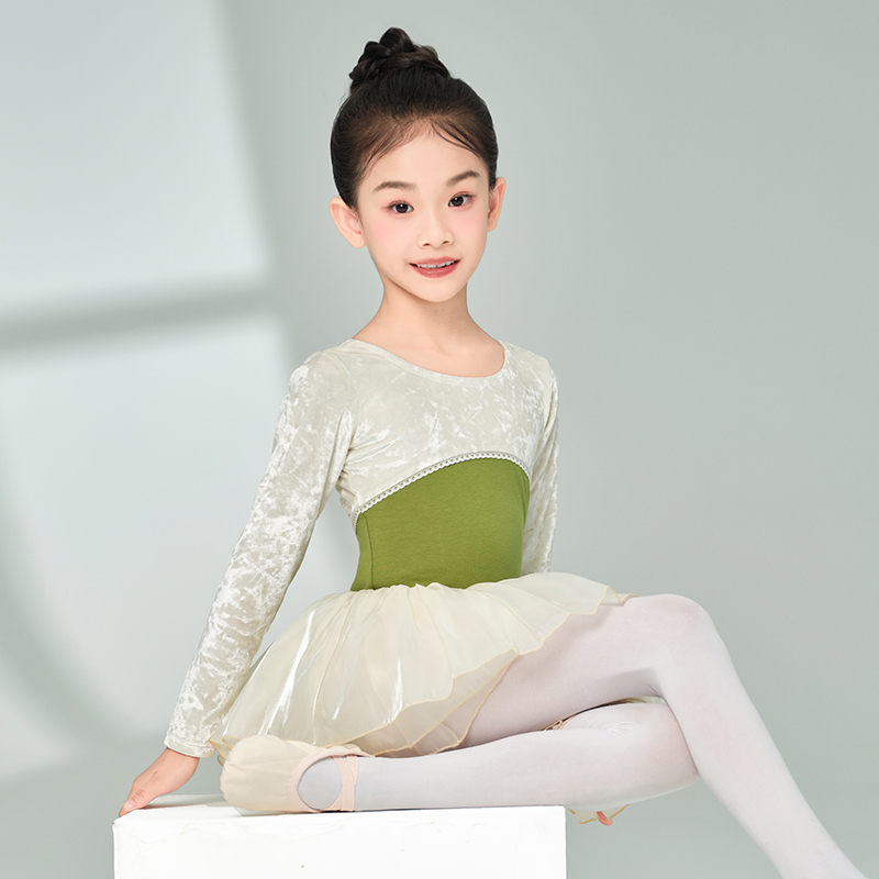 儿童芭蕾舞裙女童冬季舞蹈练功服中国舞跳舞纱裙女长袖拼绒蓬蓬裙