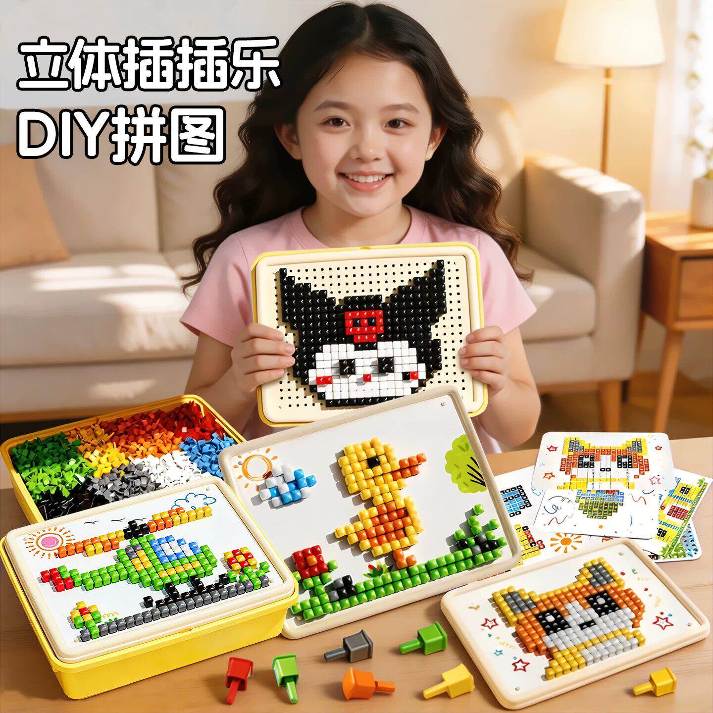 立体蘑菇钉拼图专注力训练拼插积木早教创意拼板DIY儿童益智玩具
