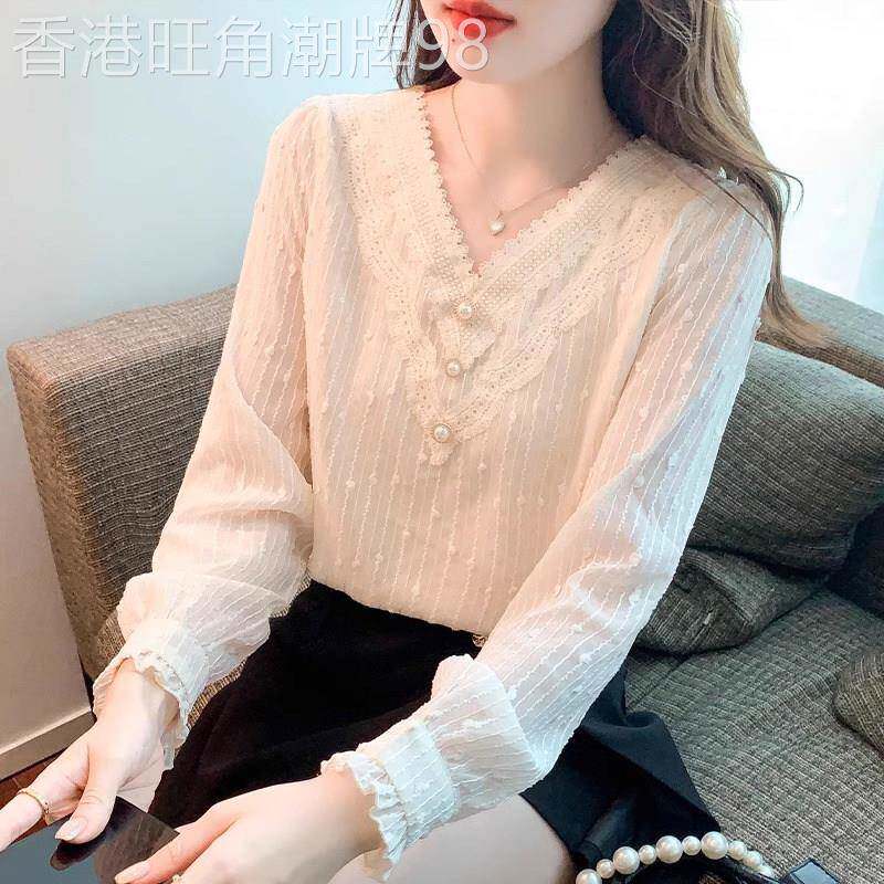 V领雪纺衬衫女春秋2026新款时尚洋派小衫内搭蕾丝打底衫长袖上衣