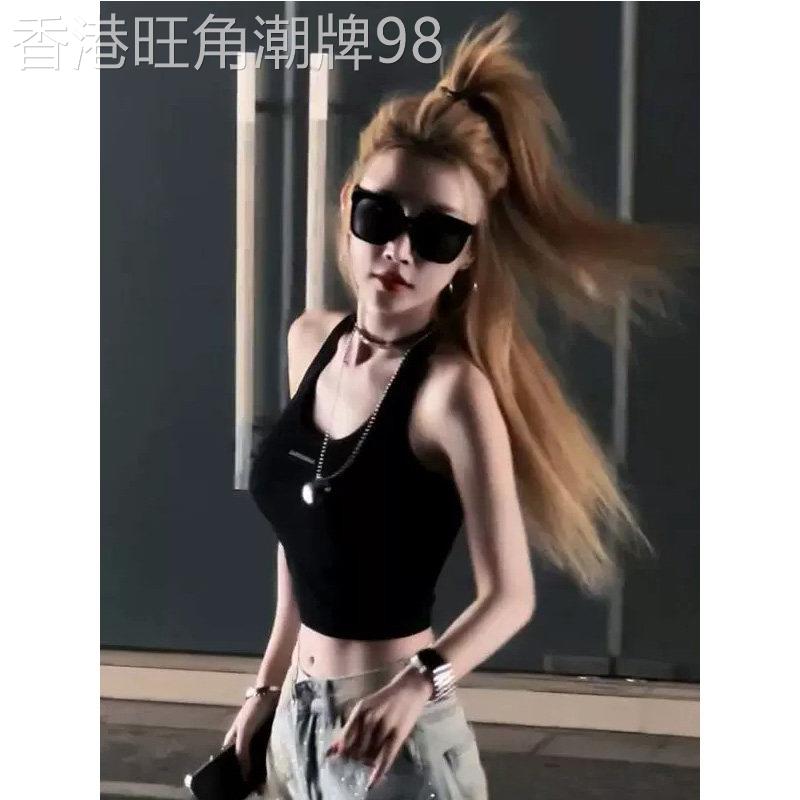 黑色美式辣妹风挂颈吊带背心女夏季欧货修身露背内搭外穿胸垫上衣