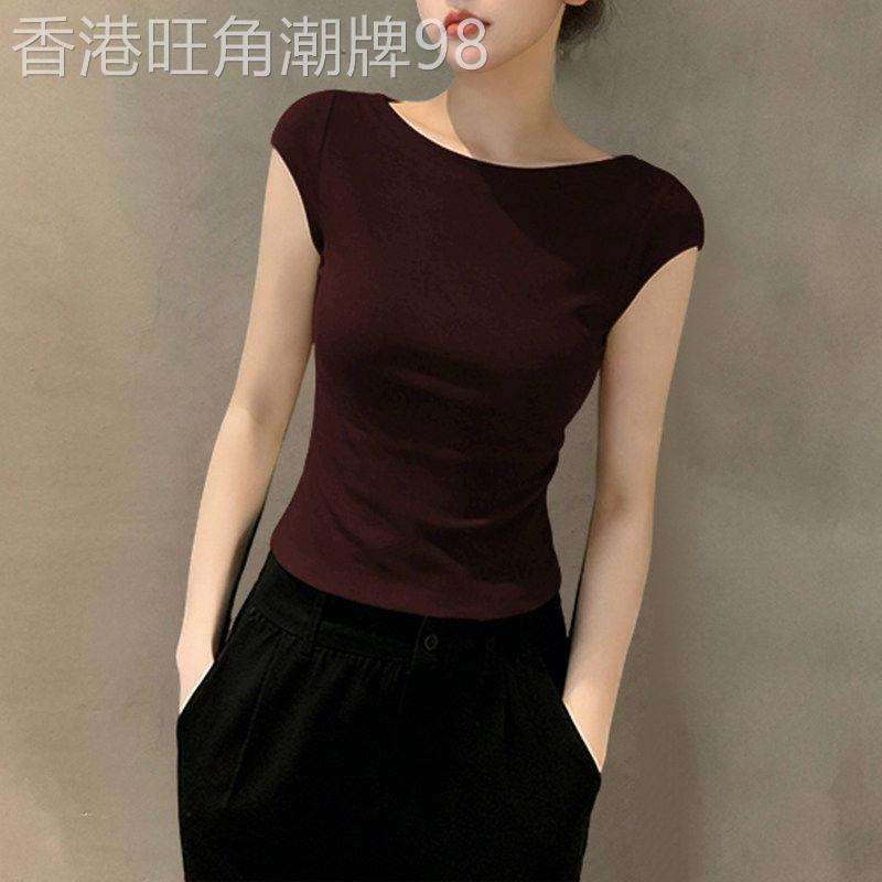 新款夏季咖色一字领短袖T恤女2026正肩半袖薄款修身百搭小众上衣