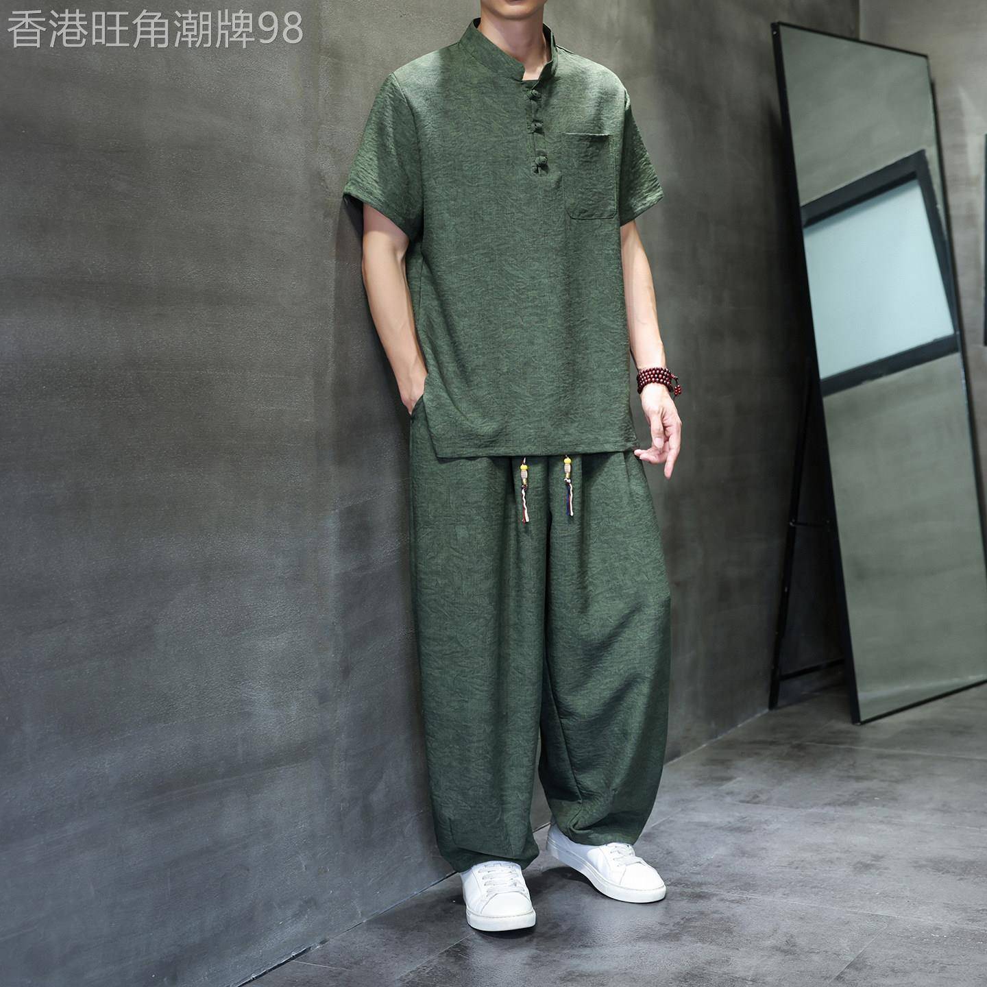 潮牌薄款新中式短袖套装男士夏季凉感宽松立领半袖上衣透气两件套
