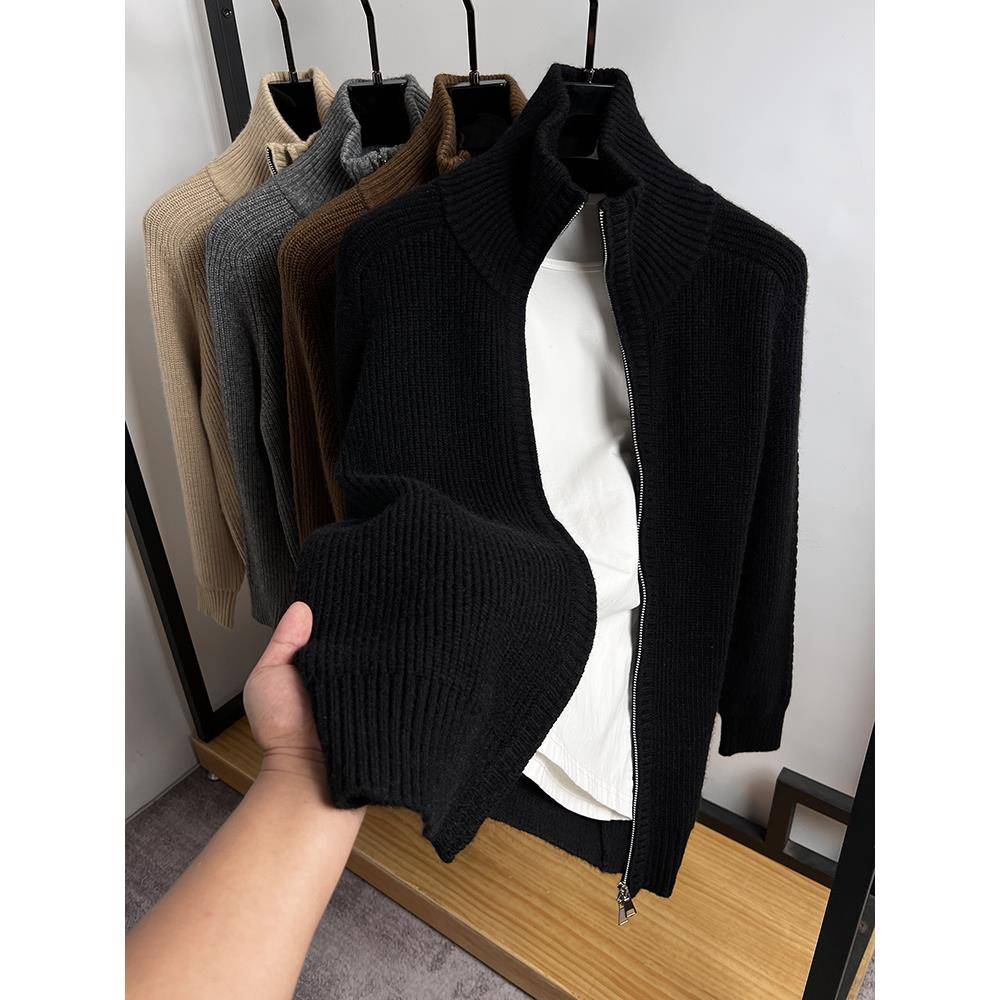 双拉炼高领开衫男针织衫秋冬季厚款毛衣外套男装纯色夹克粗毛线衣