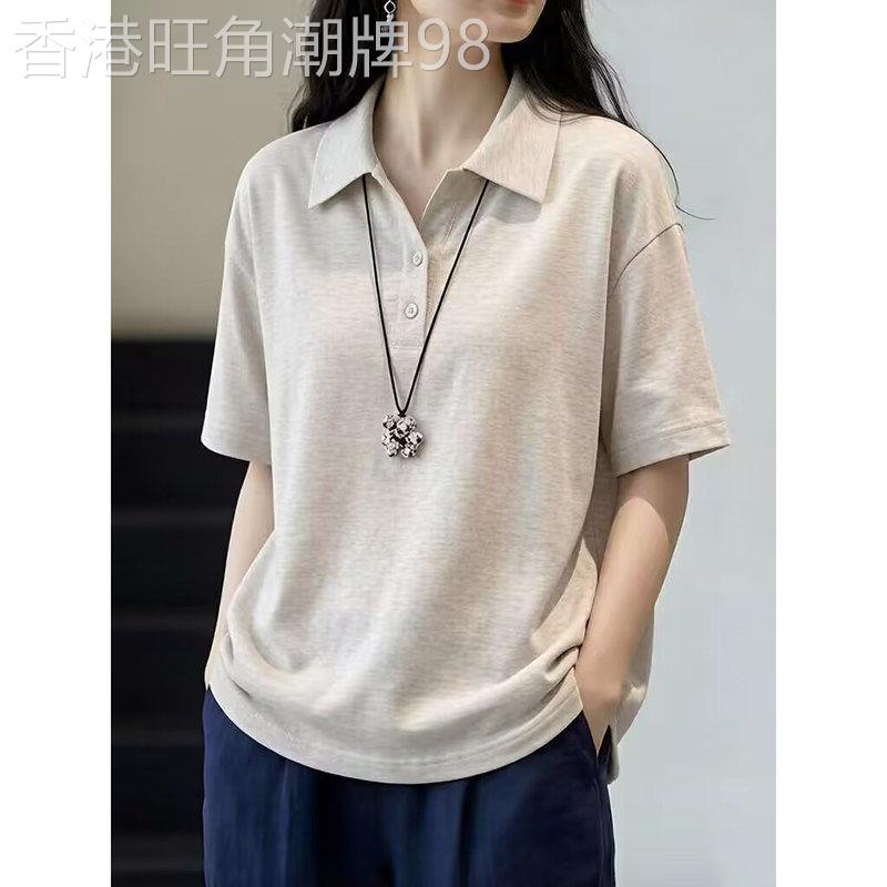 显瘦Polo翻领女夏季新款宽松正肩双扣短袖T恤奶白灰常规百搭上衣