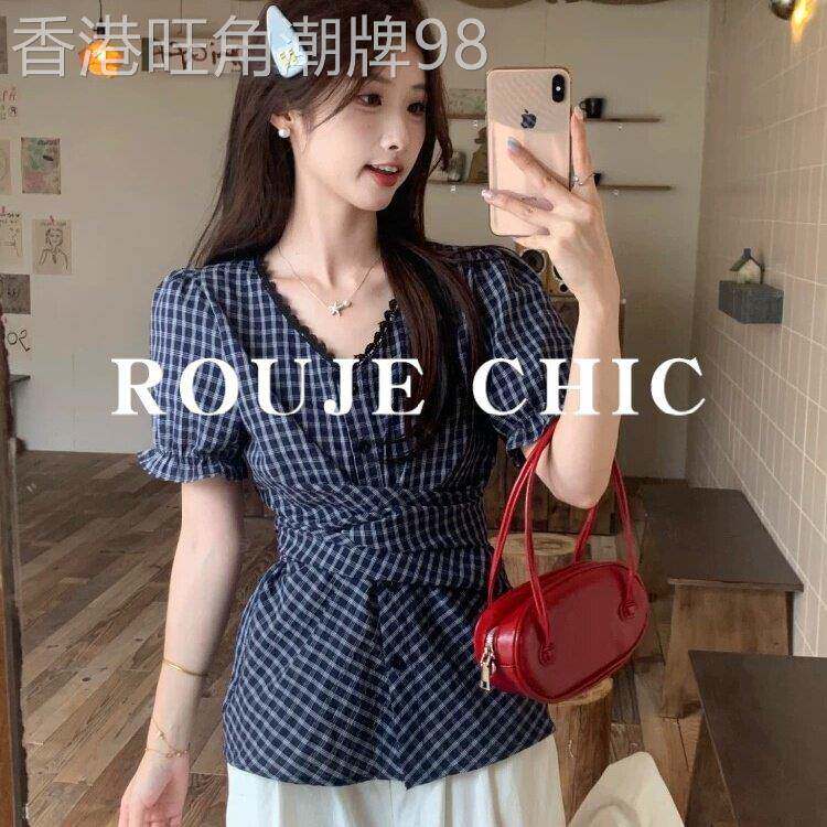 法国rouje chic复古风格纹蕾丝边V领短袖衬衫女夏季收腰绑带上衣