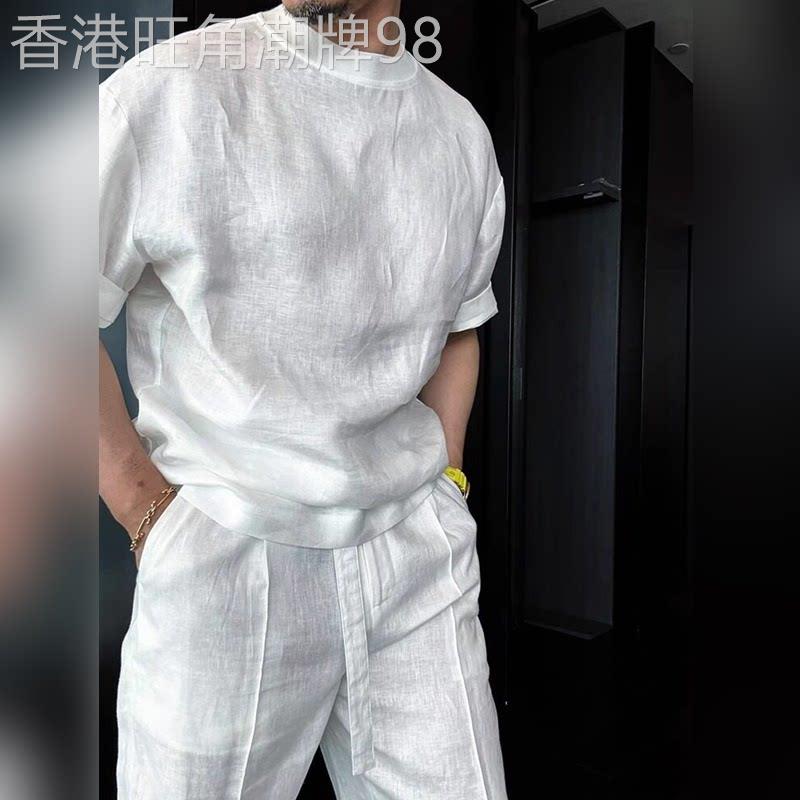 高端老钱风亚麻休闲套装男2026夏季新款慵懒风棉麻短袖裤子两件套