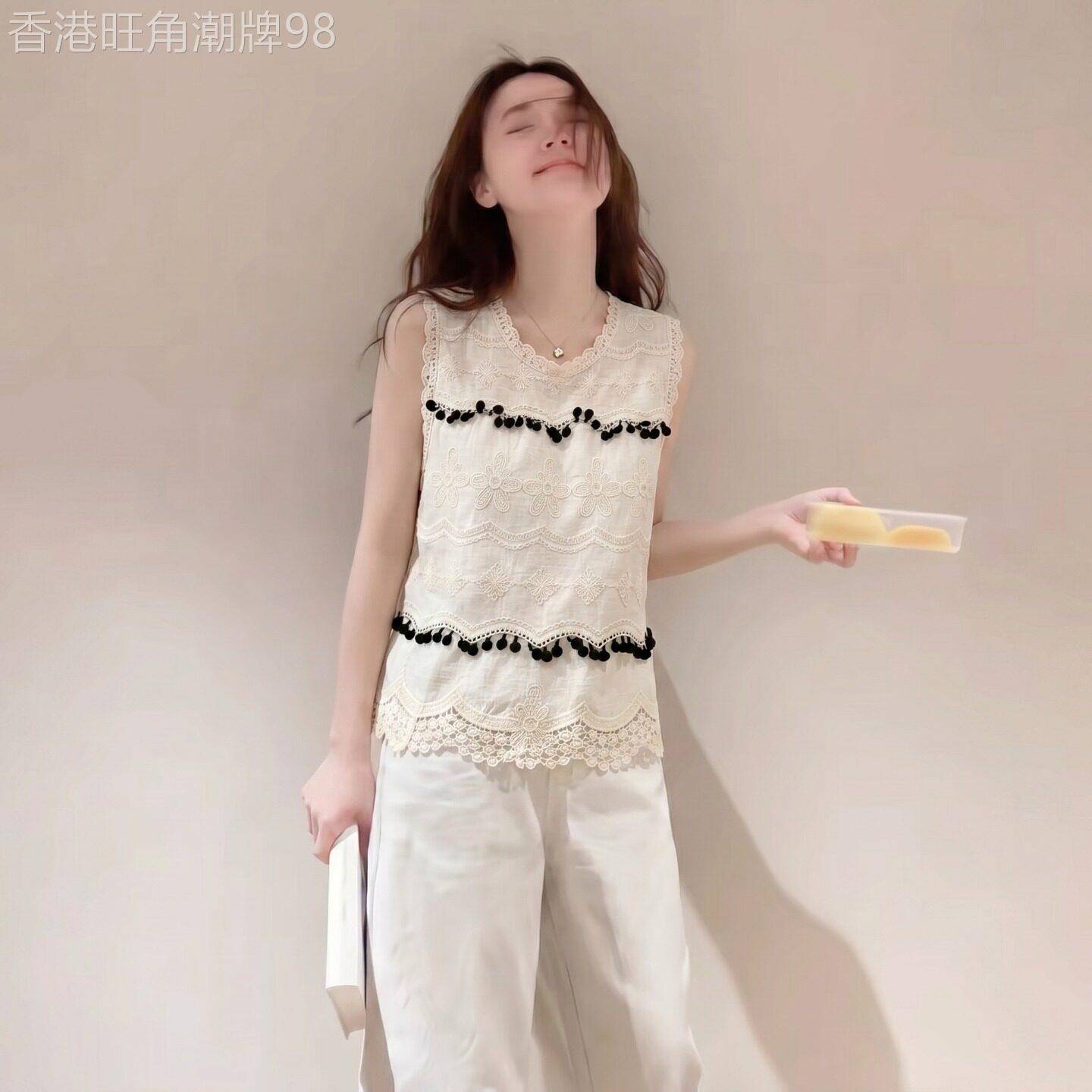 蕾丝刺绣撞色无袖背心女夏季薄款2026年新款大码显瘦宽松百搭上衣