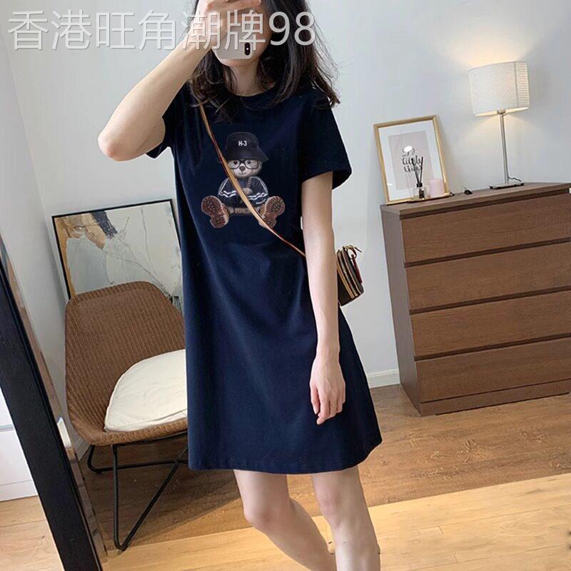 藏青色中长版短袖t恤女夏季2026新款纯棉设计感洋装打底衫上衣