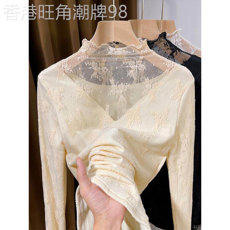 欧洲站加绒蕾丝打底衫女2026新款春秋冬保暖洋气针织毛衣叠穿纱衣