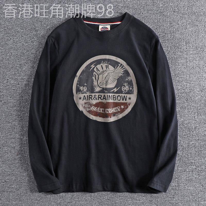 代购香港潮牌春秋复古做旧水洗磨毛印花图案舒适男士圆领长袖T恤