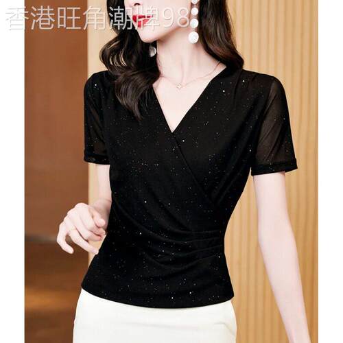 短袖网纱交叉V领T恤女2025年夏季薄款修身显瘦洋派打底衫遮肉上衣
