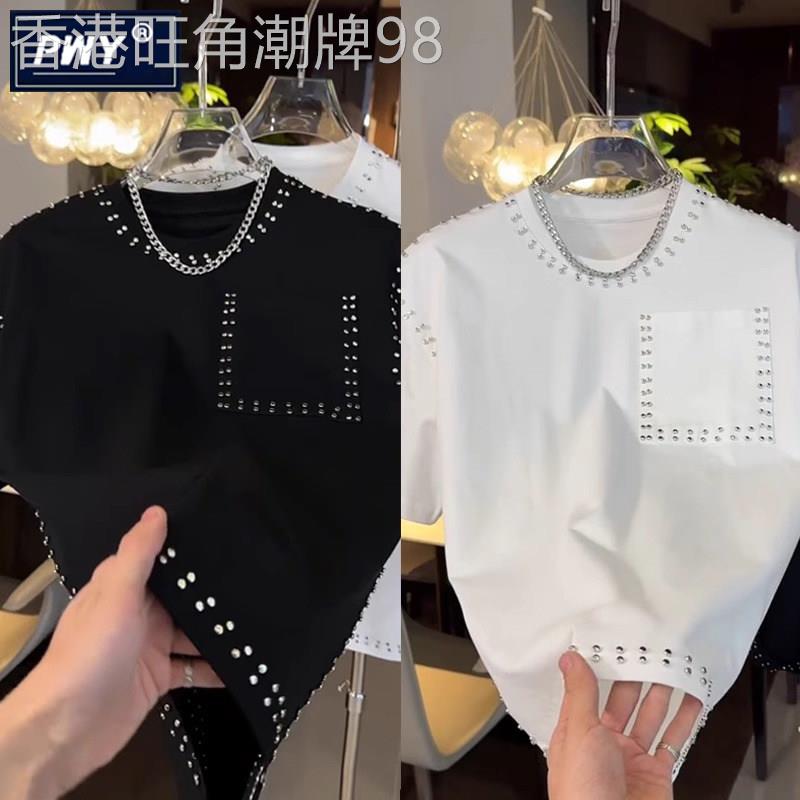 潮牌美式重工铆钉短袖T恤男夏季2026新款宽松休闲痞帅纯色半截袖