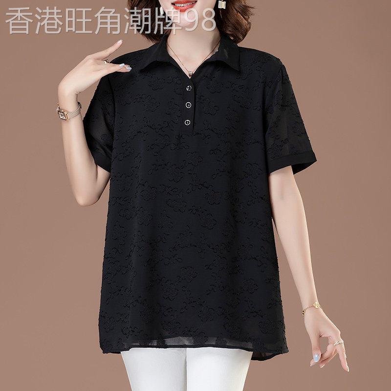 中年妈妈中长版翻领短袖衬衫女雪纺衫夏季薄款宽松大尺码洋派小衫