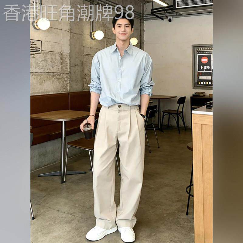 轻奢老钱风人夫感穿搭男生休闲套装高级感蓝色衬衫直筒西裤一整套
