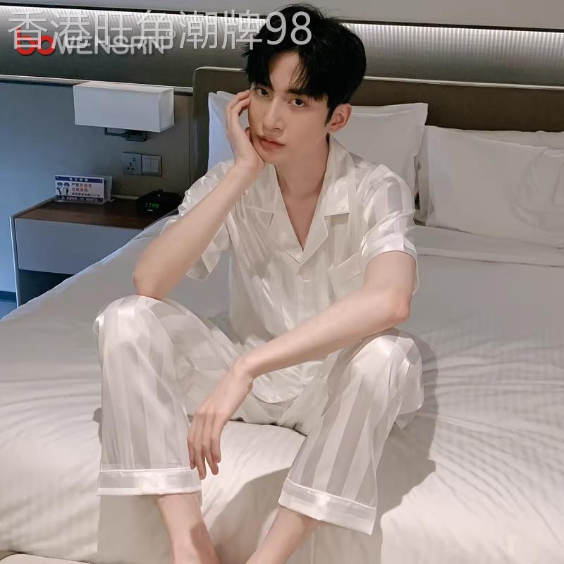 冰丝白色睡衣男士套装2026新款春夏季薄款丝绸短袖长裤家居服男款