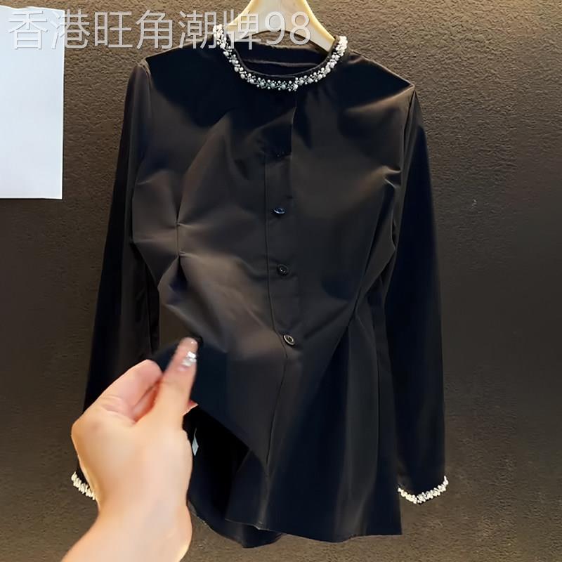 超好看设计感黑色上衣女2026年春季新款镶钻百搭时尚高级长袖衬衫