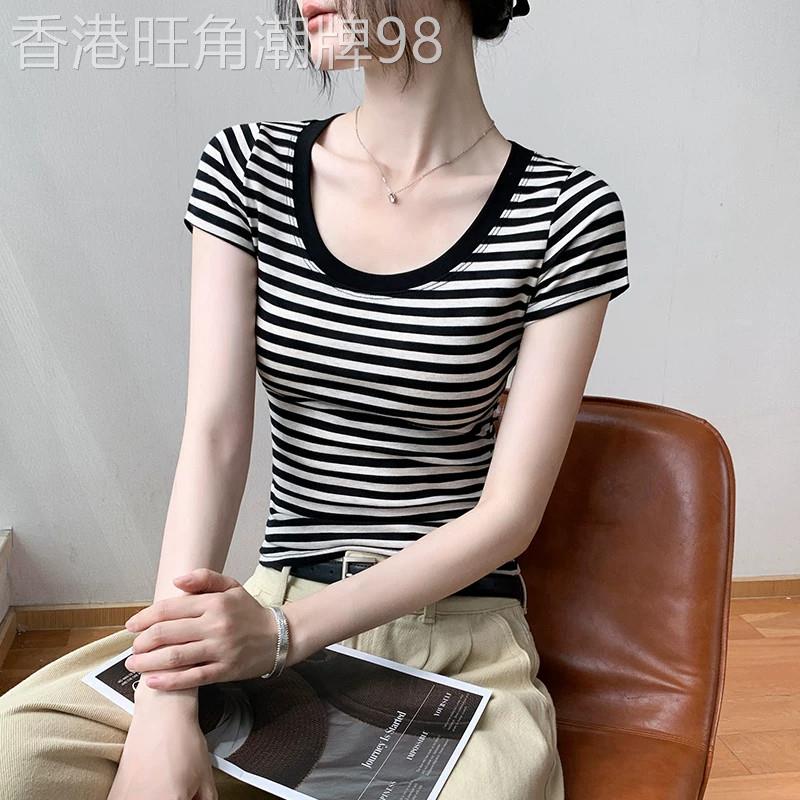 韩版圆领黑白条纹正肩短袖女t恤夏款薄款修身凉感高级流行上衣女