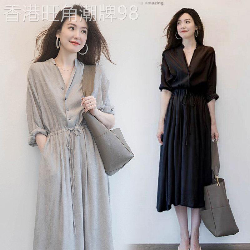 衬衫连衣裙女2026新款夏季复古v领收腰显瘦气质宽松洋气长裙子女