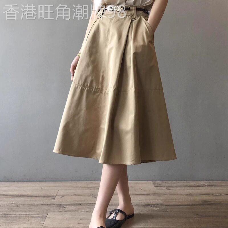 潮牌法式赫本风半身裙女2025年春秋中长版高腰卡其色a字大摆伞裙