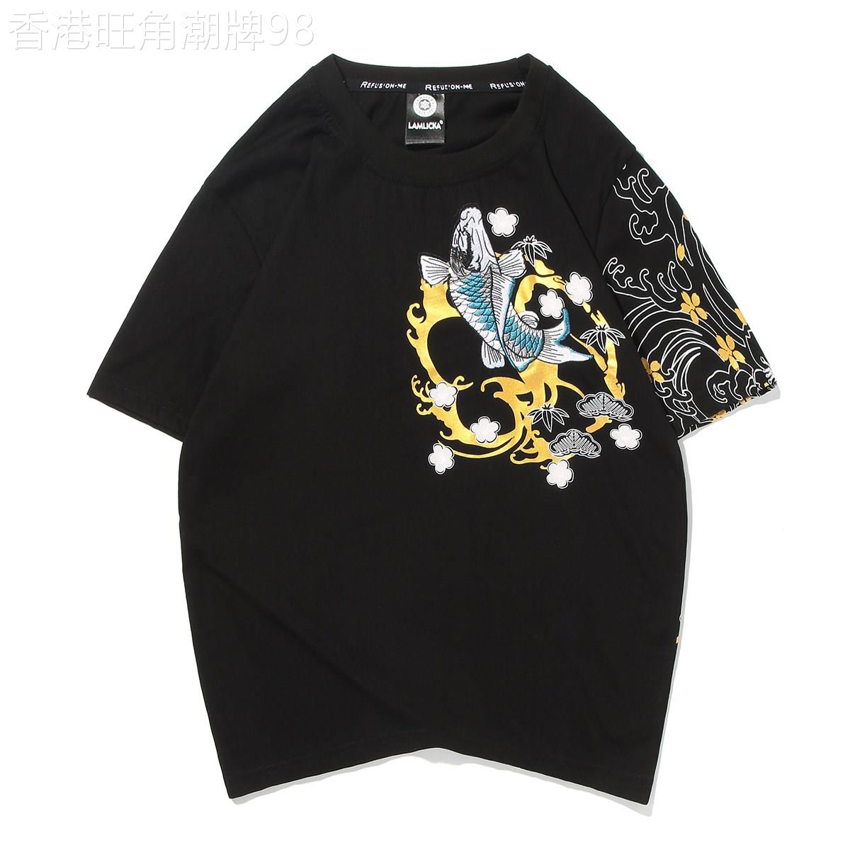 香港正品潮牌夏季中国风鲤鱼民族风刺绣短袖T恤男女式宽松大尺码T