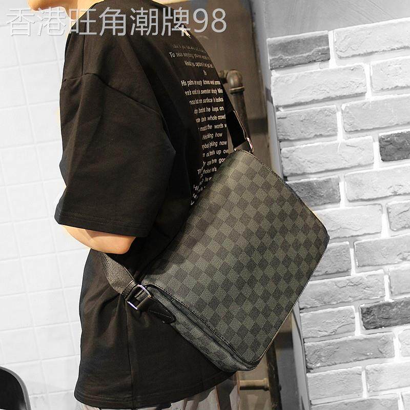 真皮时尚男士信封单肩包翻盖横款格子牛皮斜跨包文件包ipad斜跨包