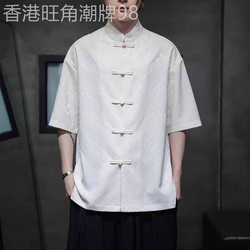 轻奢中国风冰丝衬衫男夏季薄款唐装时尚五分袖汉服男士衬衫宽松