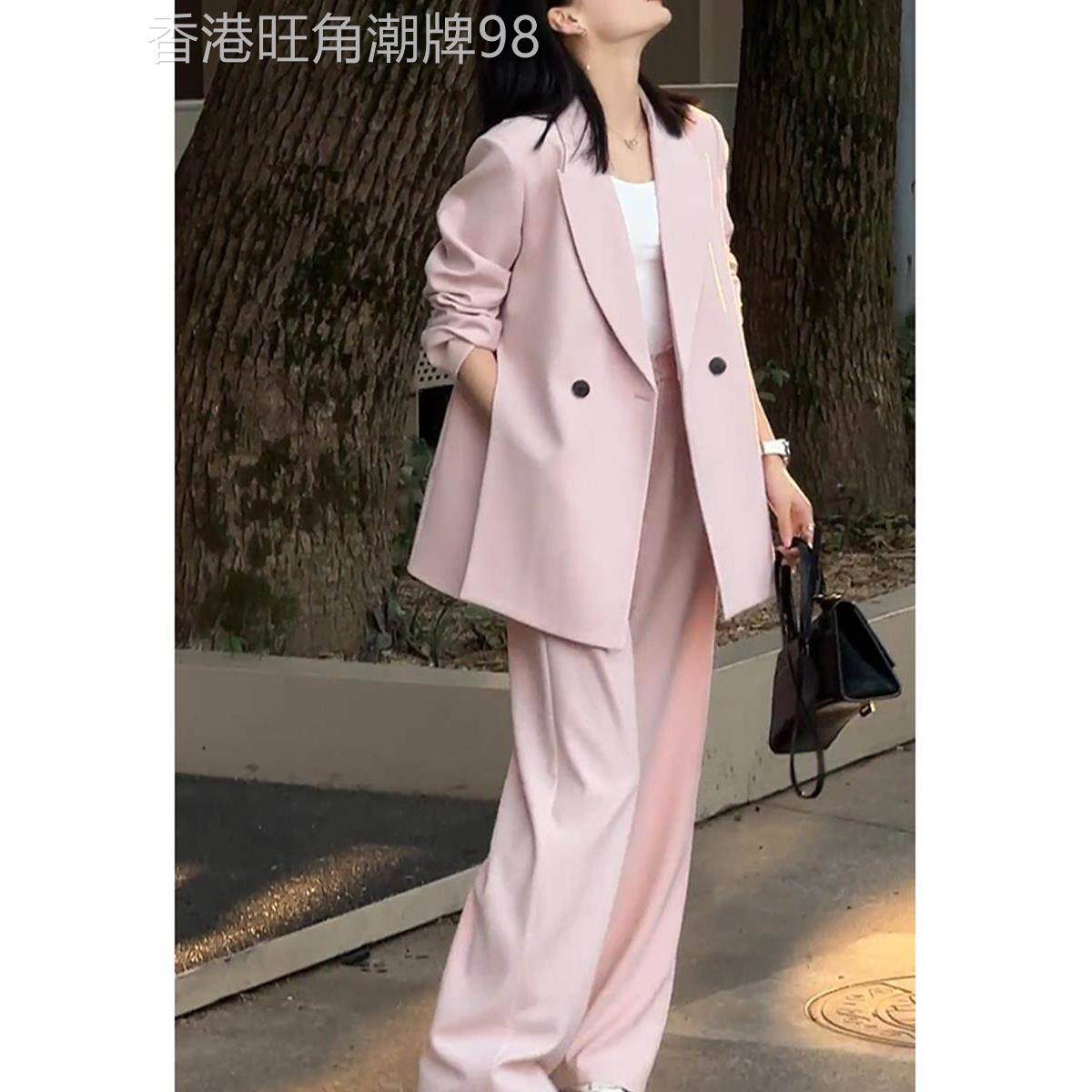 韩国高端粉色西装套装女春秋高级感休闲职业西服直筒阔腿裤两件套