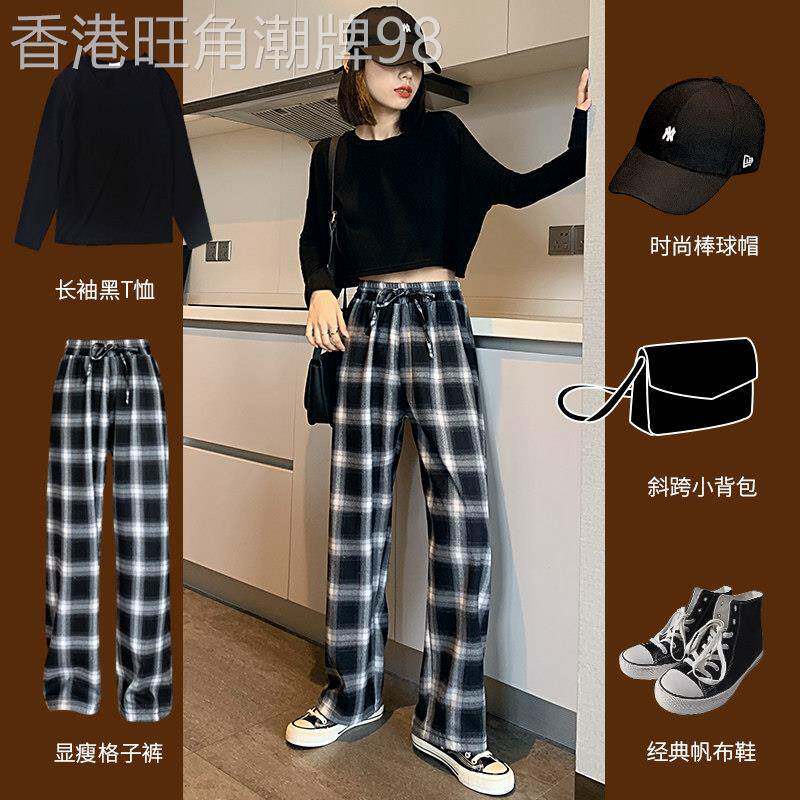 潮牌1212黑白格子裤子女春秋直筒垂感休闲裤复古秋冬加绒阔腿裤