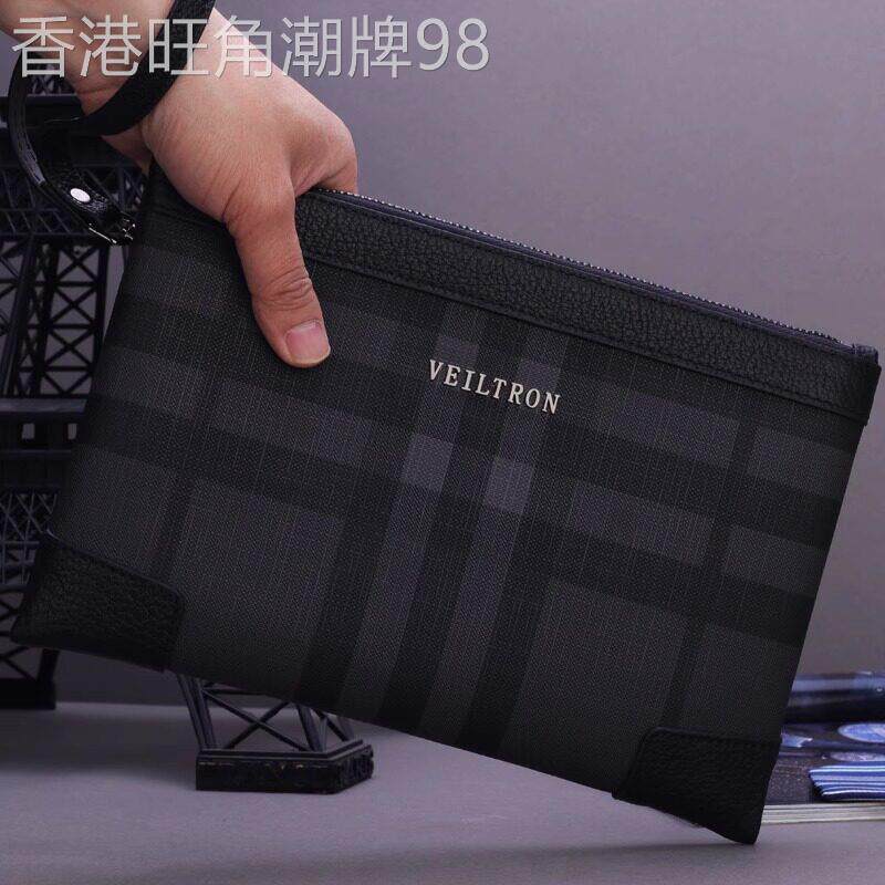 香港代购真皮手拿包男士格子条纹手抓包手拎包手挽包牛皮信封包男