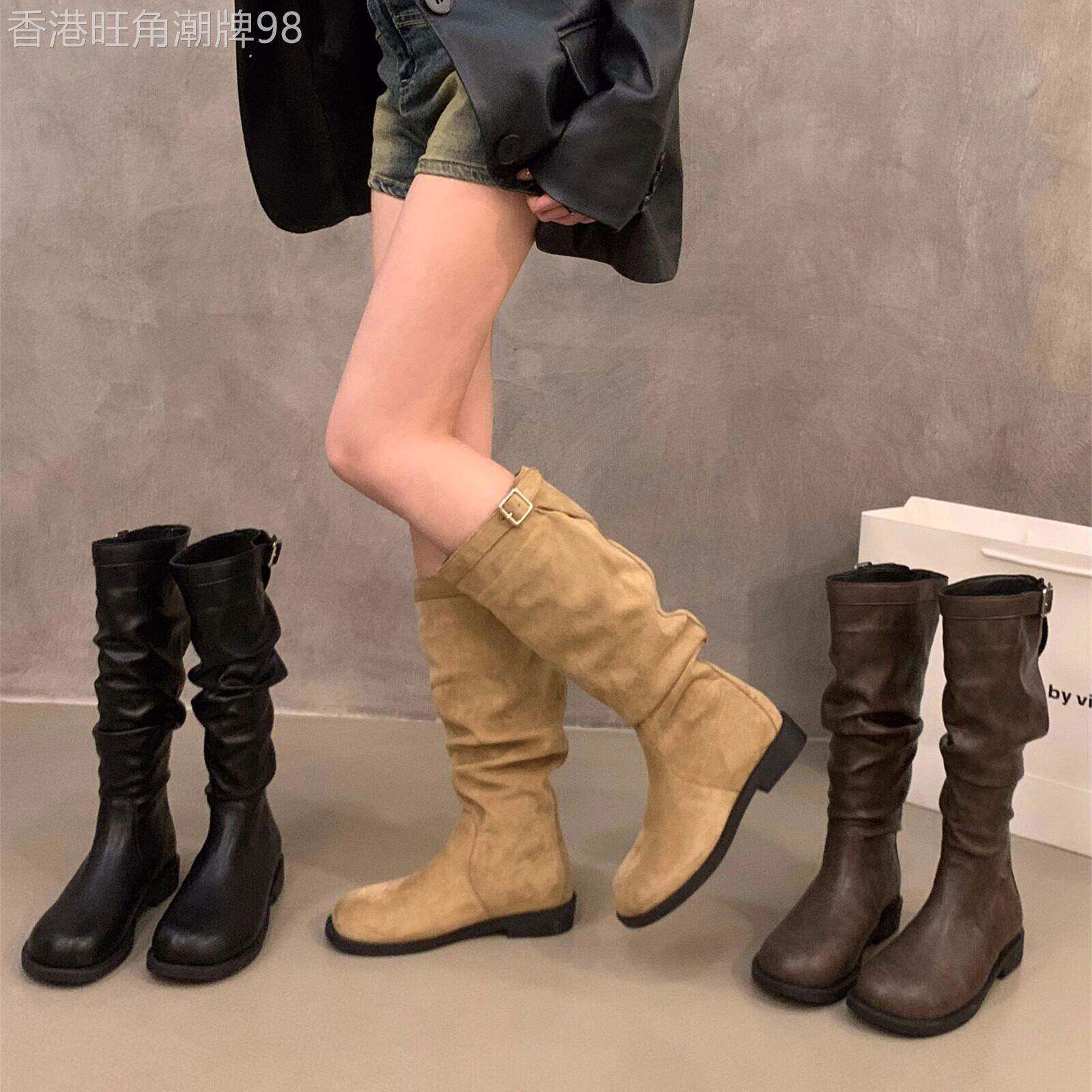 牛皮版~美拉德西部牛仔靴女复古褶皱显瘦堆堆靴磨砂绒面厚底长靴