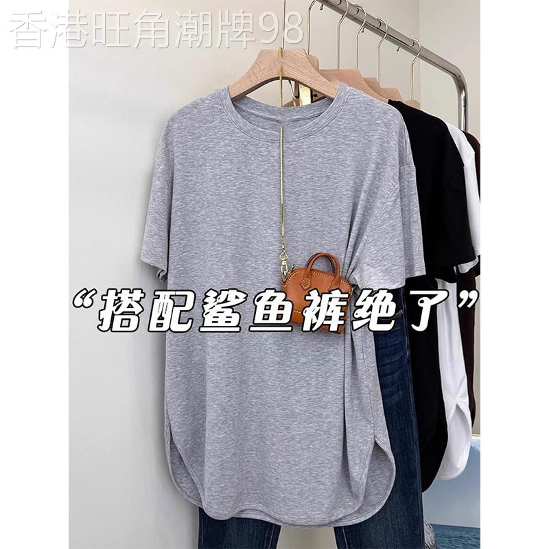 中长款灰色冰丝短袖T恤女春季薄款防晒罩衫宽松开叉配鲨鱼裤上衣