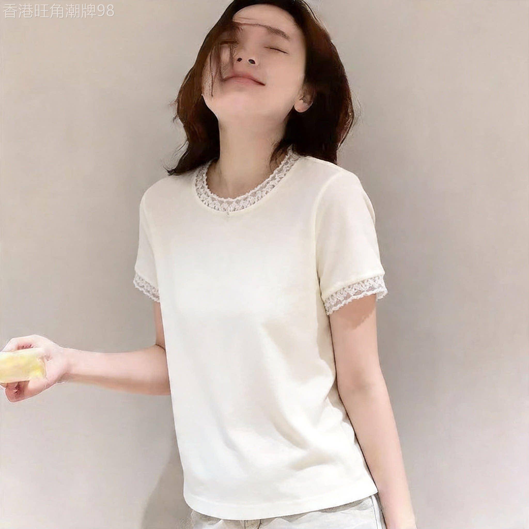 韩版蕾丝拼接气质圆领时髦简约纯色短袖T恤女夏季新款超好看上衣