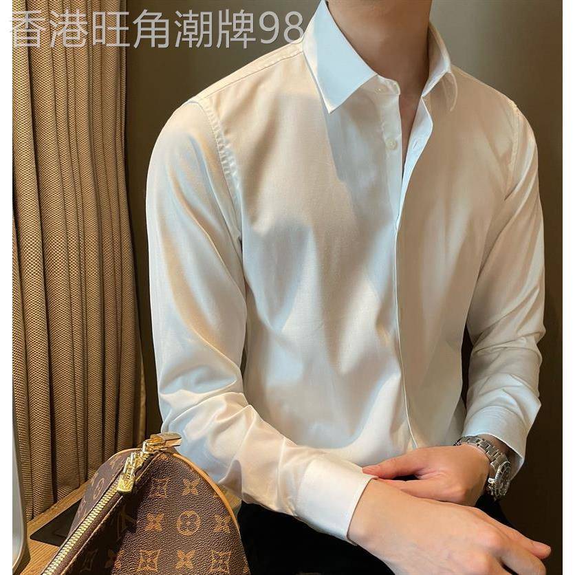 韩版扣式免烫方领白衬衣时尚学院风男士商务休闲百搭纯色打底衬衫
