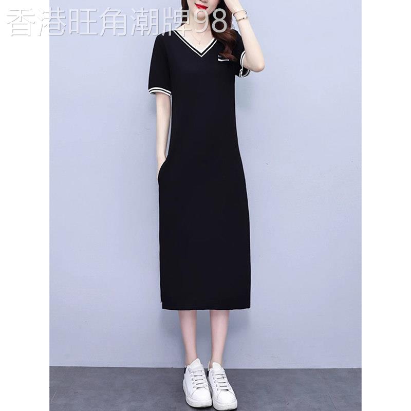 夏季直筒时尚气质洋派减龄V领运动休闲洋装女中长版过膝T恤长裙