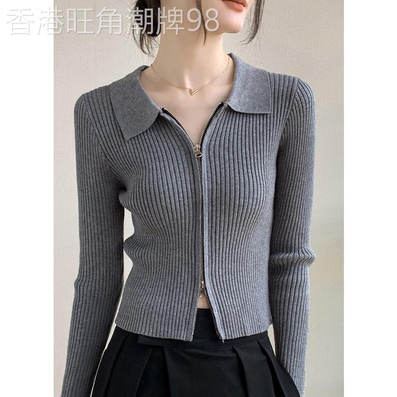 灰色翻领针织开衫女春秋新款修身显瘦长袖短款POLO领拉链外套上衣