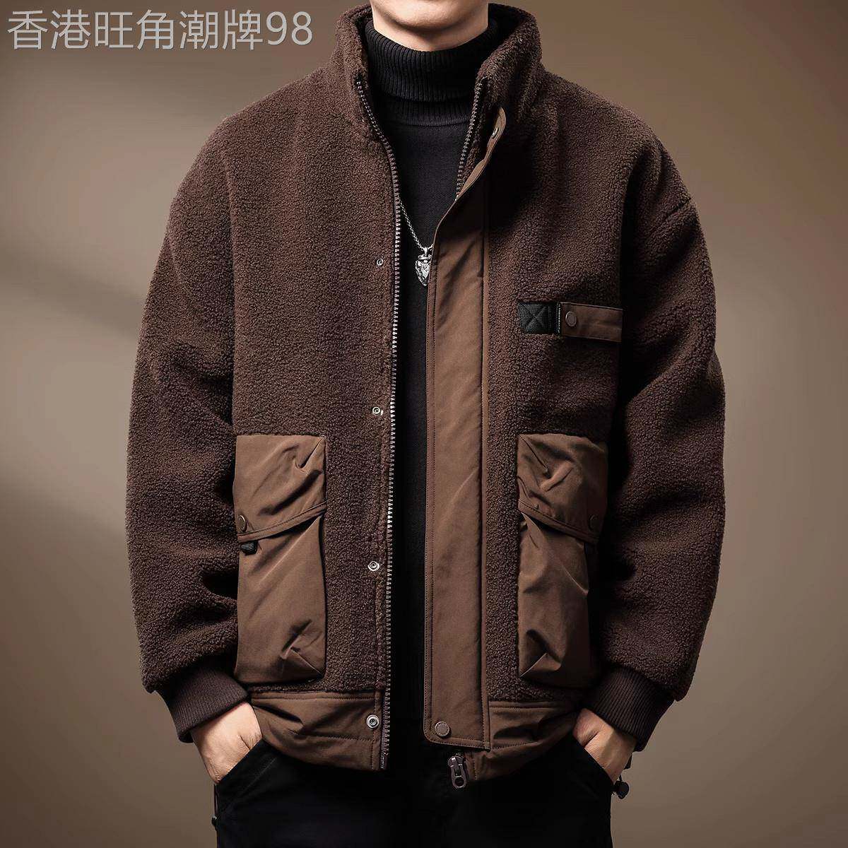 意大利高端撞色保暖棉服男士秋冬新款羊羔绒外套重磅宽松工装棉衣