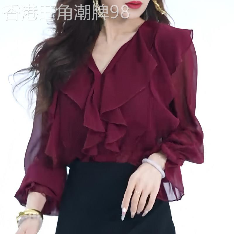高端欧货洋派红色上衣女2026年春季新款高级气质时尚洋派长袖上衣