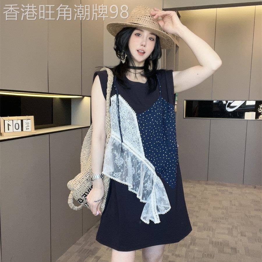 拼波点蕾丝假两件连衣裙砍袖T恤裙女2026夏季新款圆领中长款裙子