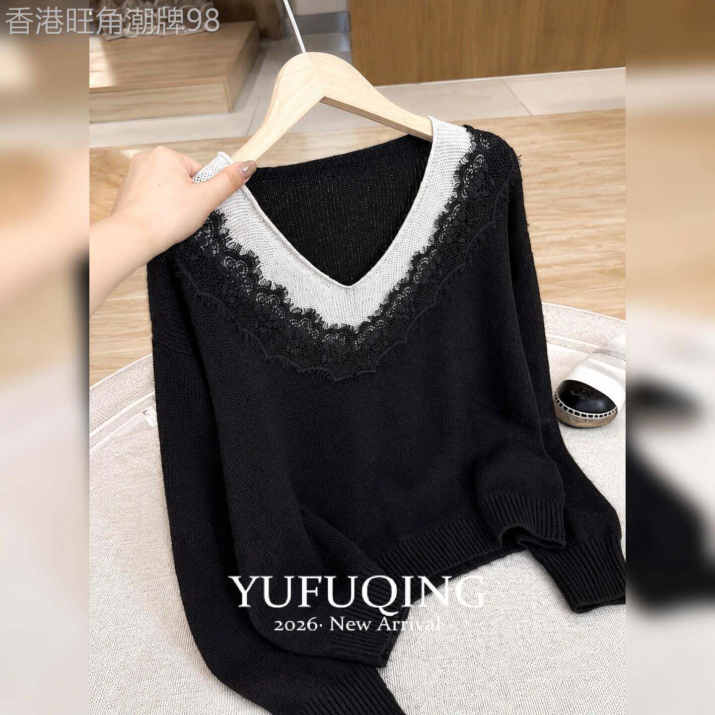 大码女装秋季上衣黑色针织蕾丝拼接V字领长袖宽松显瘦优雅打底衫