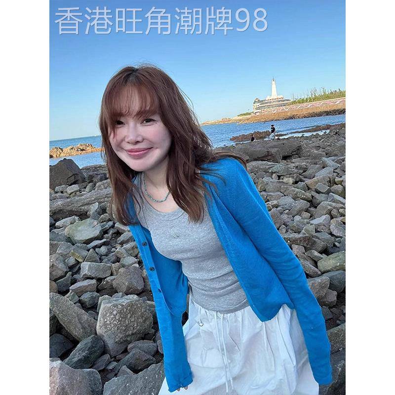 克莱恩蓝冰丝防晒女式春秋开衫欧洲薄透气针织上衣短袖长袖夹克