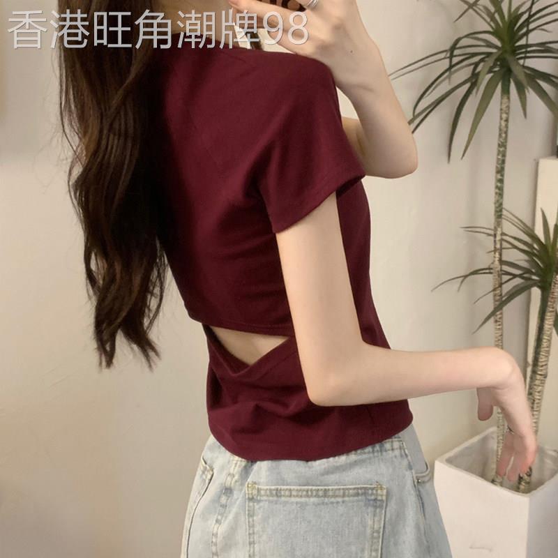 辣妹小心机后背镂空短袖T恤女夏欧货设计感修身褶皱收腰短款上衣