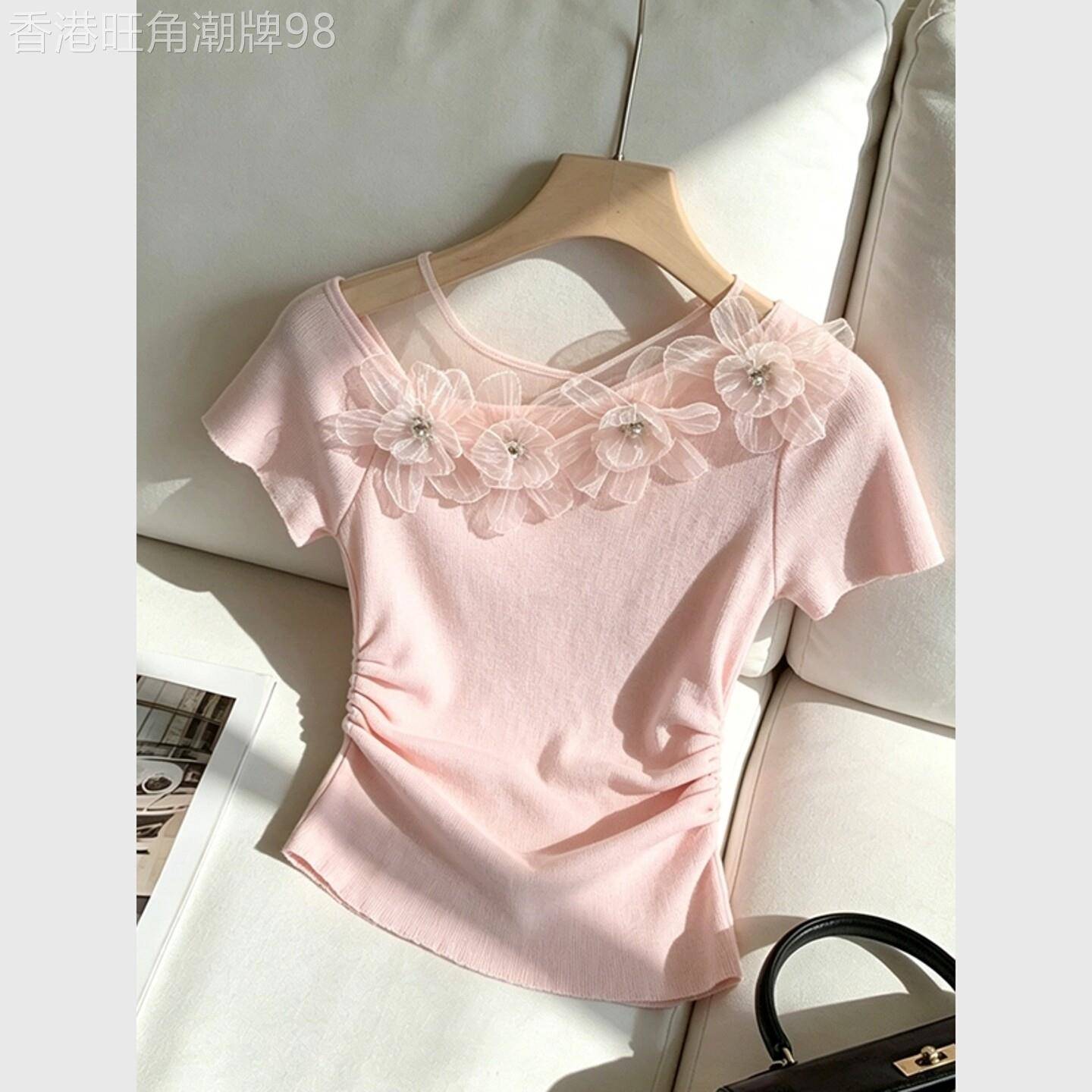 2026夏季巨好看温柔风减龄气质T恤女绝美立体花朵粉色不对称上衣