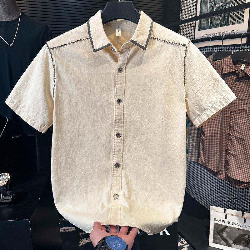 潮牌高级感浅黄色钮扣翻领短袖衬衫男夏季设计感简约轻奢百搭衬衣