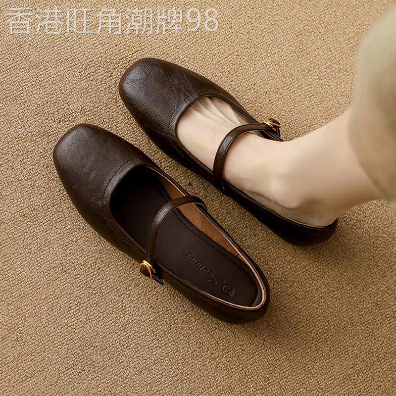香港软羊皮复古玛丽珍鞋女春秋新款浅口单鞋平底一字扣小皮鞋子