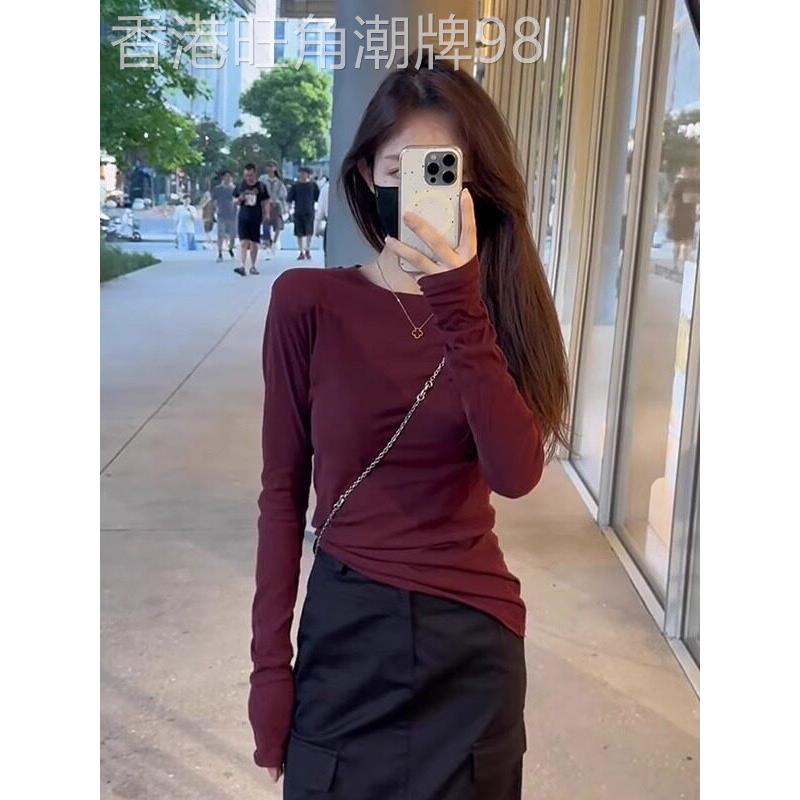 纯棉正肩圆领百搭修身打底衫上衣女早秋内搭卷边基础爆款长袖t恤