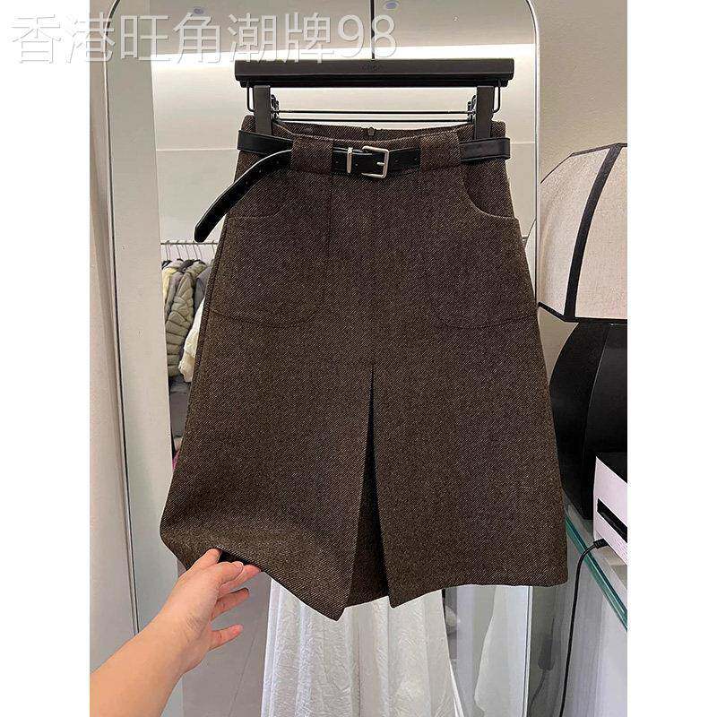 老钱风前开叉毛呢半身裙女春秋冬季复古高腰中长版通勤直筒a字裙